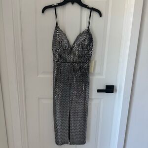 Just Me NWT Dress BodyCon Midi Silver Mirrored Metallic Night Out Las Vegas